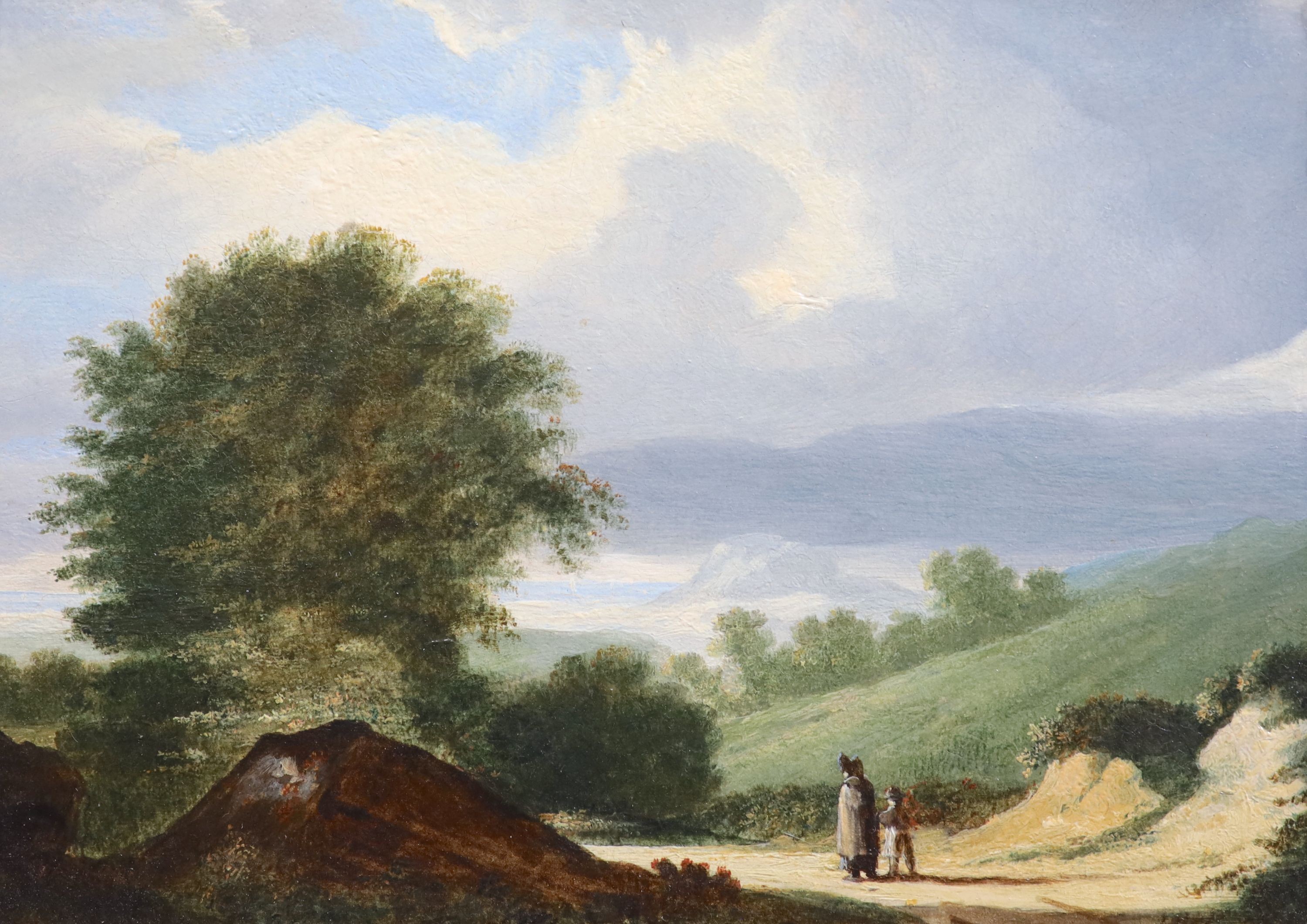 James Arthur O’Connor (Irish, 1792-1841), Travellers in landscapes, Oil on wooden panel, a pair, 14 x 19cm.